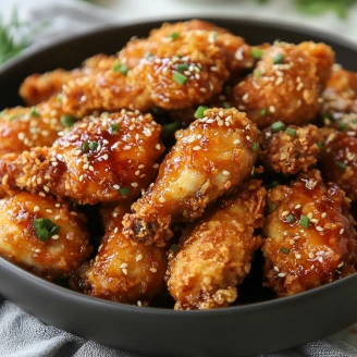 Baked Crunchy Hot Honey Chicken with a golden, crispy coating and a spicy honey glaze.