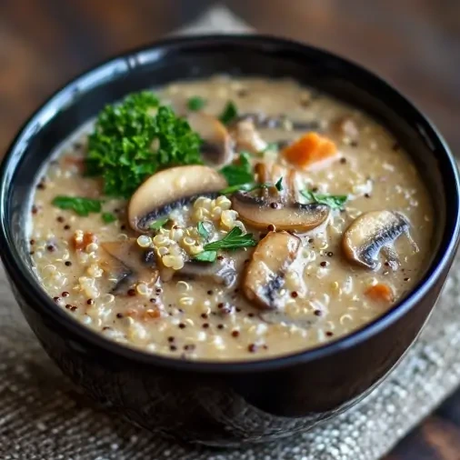 Delicious chicken breast and leftover quinoa cream of mushroom soup served in a bowl