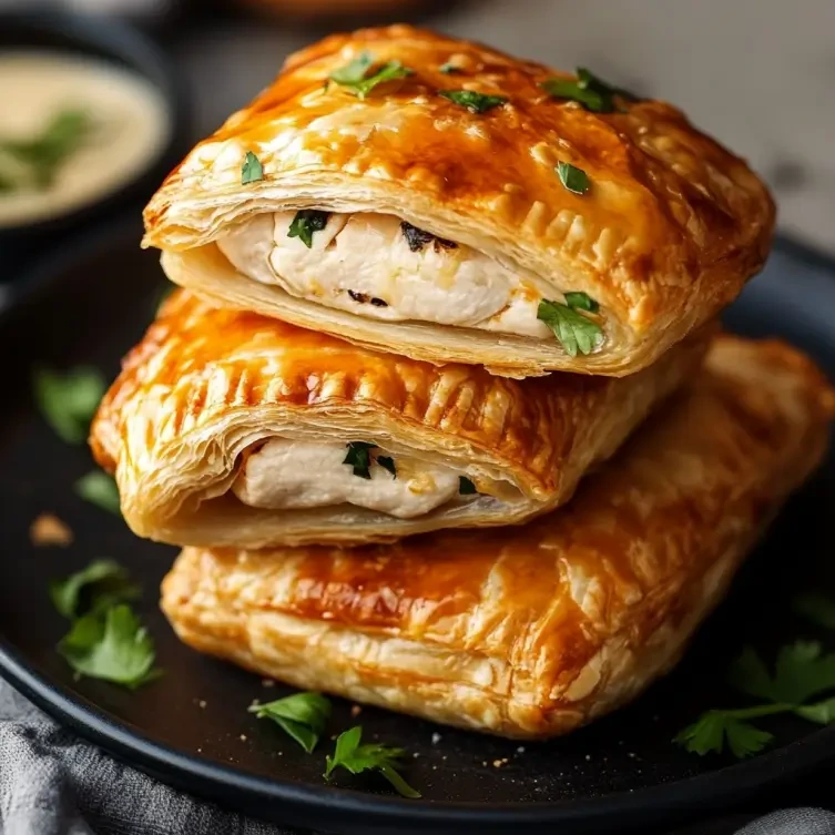 Flaky chicken pastry rolls filled with seasoned chicken, vegetables, and herbs.