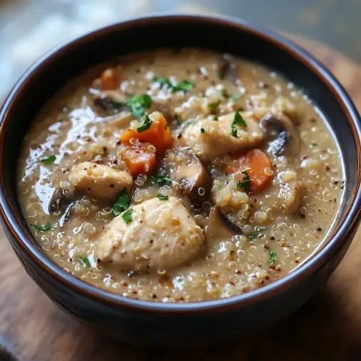 Close-up of chicken breast and leftover quinoa cream of mushroom soup with a spoon