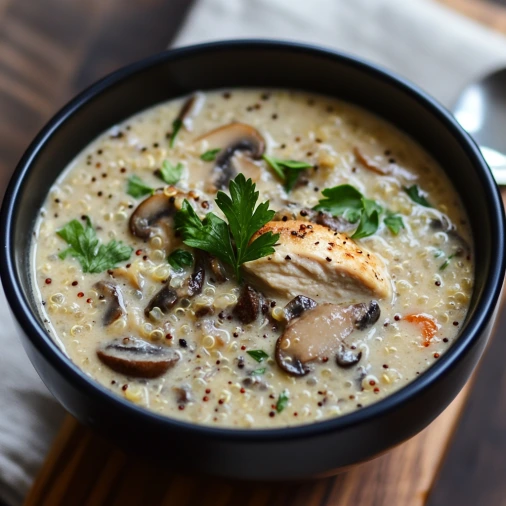 A hearty bowl of chicken breast and leftover quinoa cream of mushroom soup