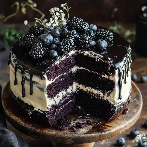 A freshly baked Black Velvet Cake with rich, dark layers and cream cheese frosting.