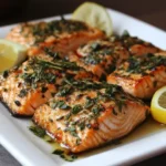 Grilled salmon fillet topped with fresh herbs and lemon slices, served on a plate.