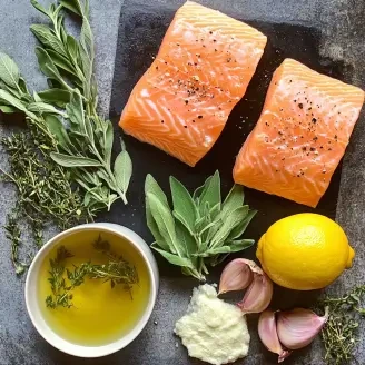 Fresh ingredients for a lemon herb marinade: lemon, herbs, olive oil, and garlic.