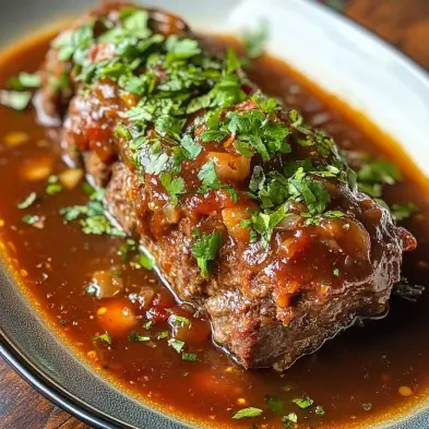 A close-up of a perfectly sliced meatloaf topped with a rich, glossy sauce, garnished with fresh parsley, served on a white plate with a side of mashed potatoes